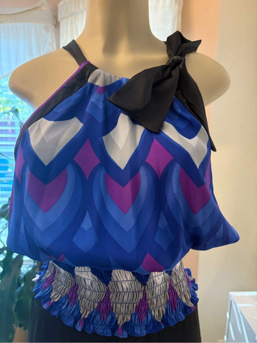 XOXO Blue & Purple Geometric Halter Top with Black Tie